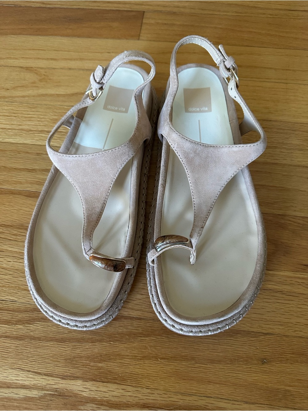 Dolce Vita Taupe Suede T-Strap Sandals with Gold Accents